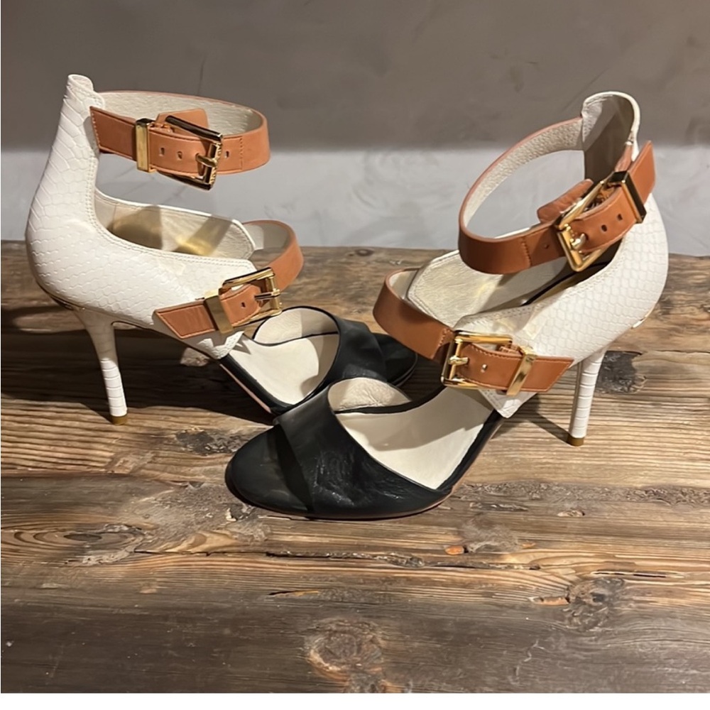 Michael Kors White and Black Heels with Tan Straps